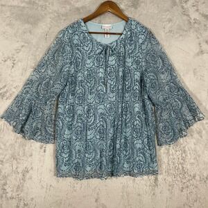 Catherines Lace Blouse Women 1X 18/20W Blue Floral Bell Sleeve Shabby Chic Fairy